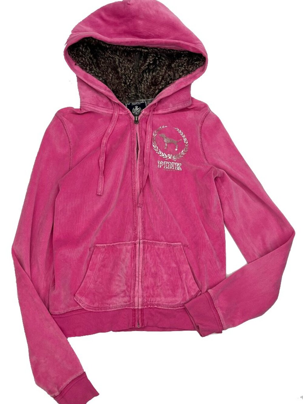 Victoria Secret Pink Velour Invite Only Vintage 2009 Faux Fur Zip Hoodie Women M